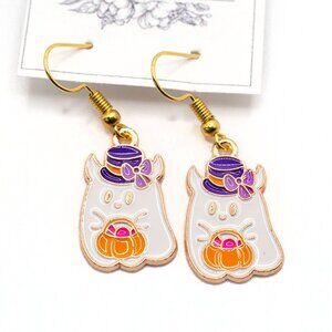 Handmade Enamel Trick or Treating Halloween Ghost Cat Dangle Earrings, New